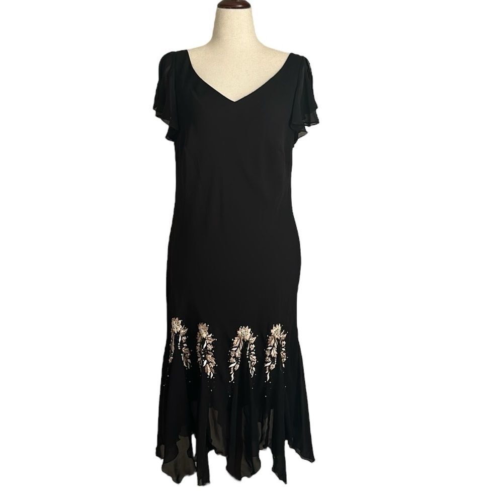 Dressbarn Y2K Embroidered Beaded Asymmetrical Whimsigoth Cocktail Dress Black 16